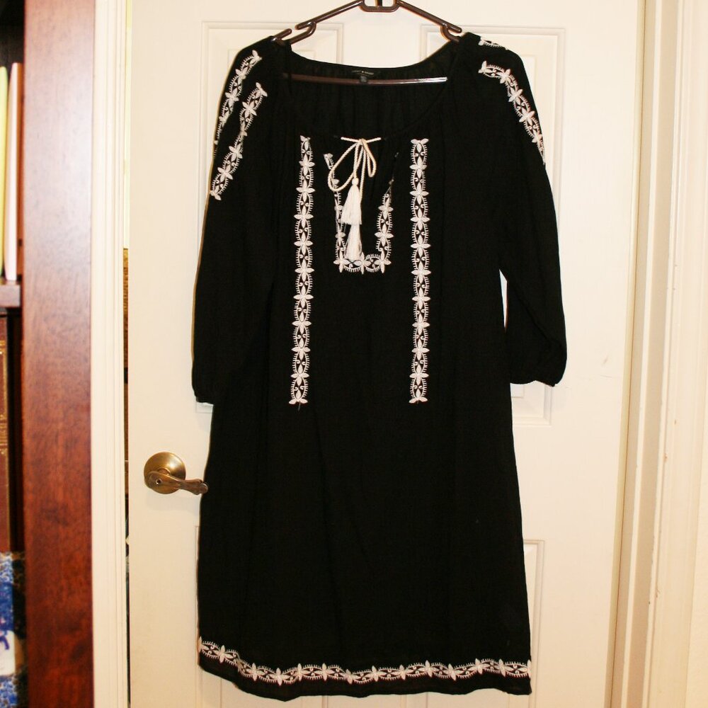 LUCKY BRAND Embroidered 3/4 Sleeve Black Gauze Dress (with slip) Size Large